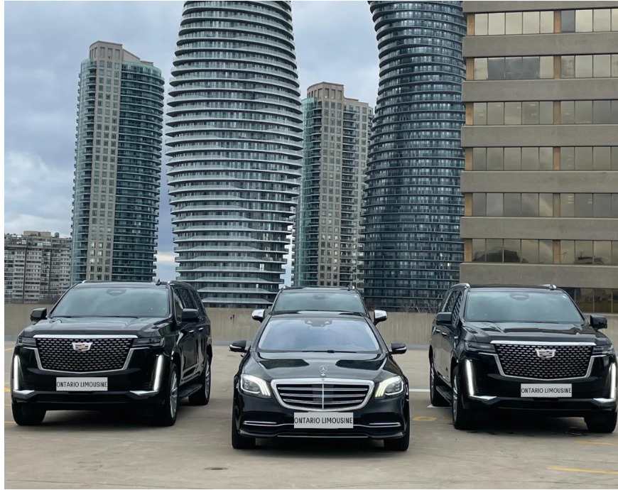Royal Star Limo vehicles parked in front of downtown towers